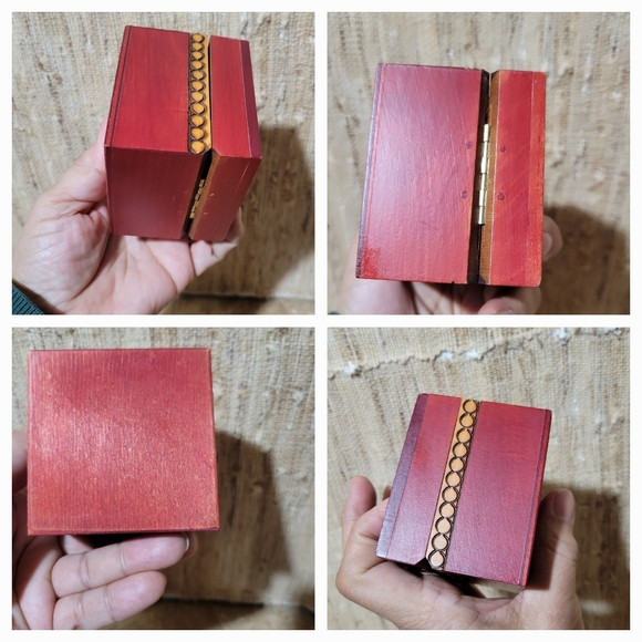 Handcrafted Sm Red Trinket Box Hinged Pyrography w/brass insets - Picture 3 of 3